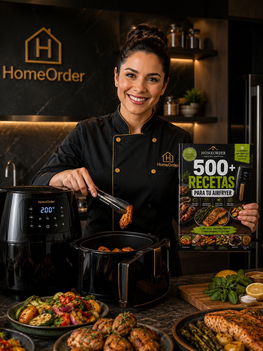 Chef profesional HomeOrder cocinando con Air Fryer y mostrando el recetario 500+ Recetas